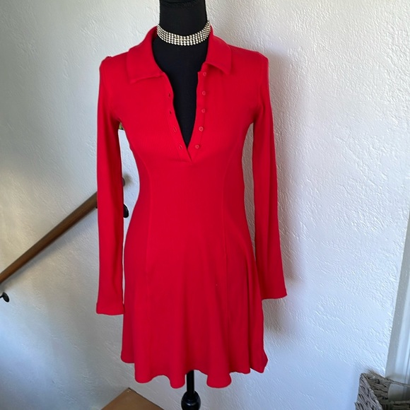 NWT ZARA POLO LONG SLEEVE DRESS w/BUTTON FRONT SIZE M‎ RED NWOT - Picture 1 of 5